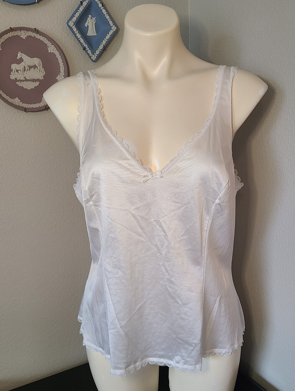 Vintage Y2K Montgomery Ward Satin Lace Cami Tank Top White Made in USA Women's L